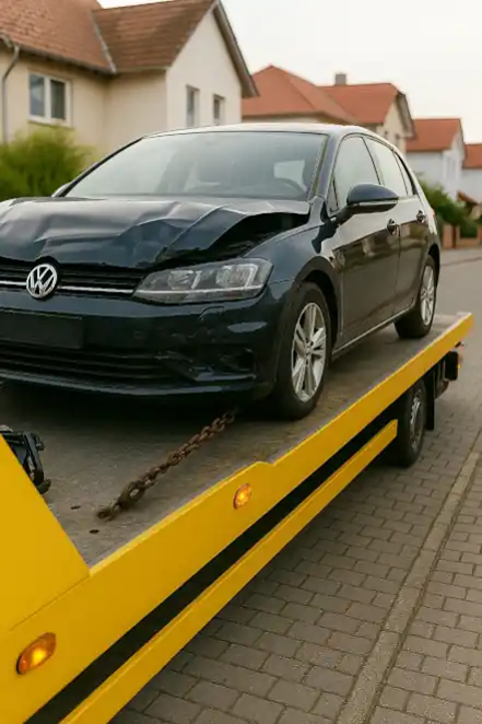 Ein defektes Fahrzeug, das zur Begutachtung im Autoankauf in Bautzen abgeschleppt wird.